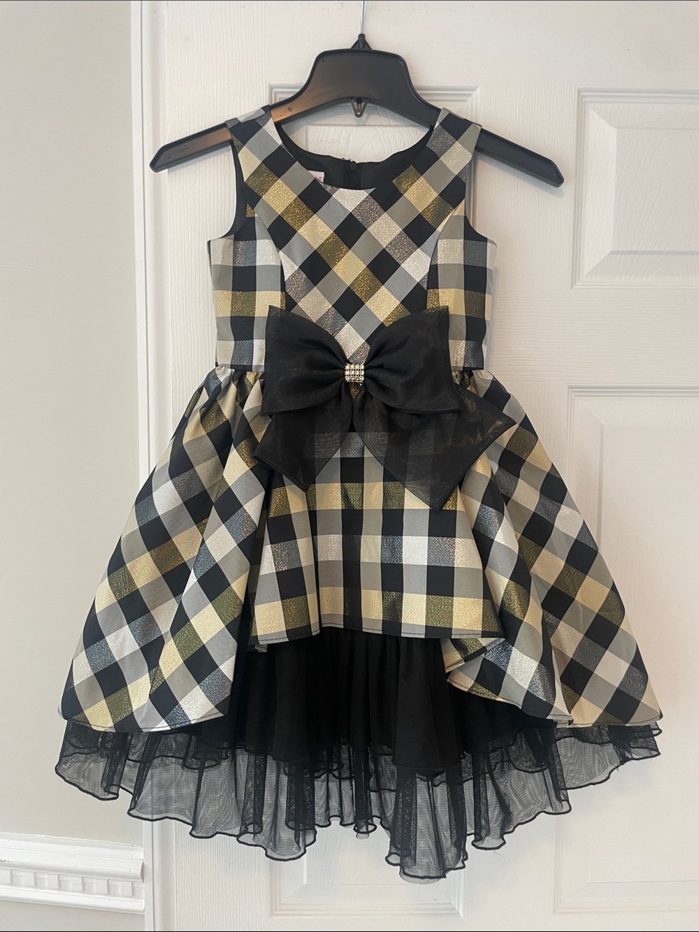 Bonnie Jean Black and Gold Plaid Tulle Party Dress with Bow